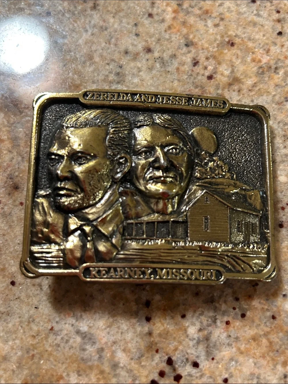 RARE!!! vintage brass Commemorative Rectangular Zerelda and Jesse James Buckle